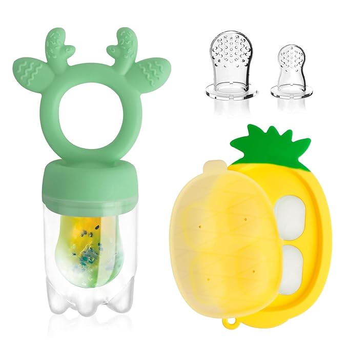 Baby Fruit Food Feeder - Silicone Nibble Tray Combo - Breastmilk Popsicle Mold for Cooling Relief, BPA Free Mesh Feeder for Infant Self Feeding (Deer Green + Pineapple)-CubbioJoy