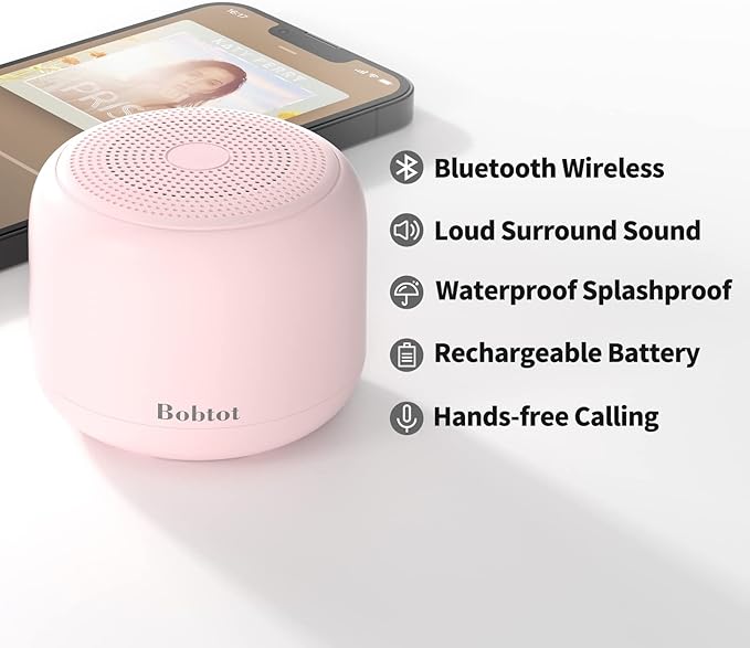 Bobtot Portable Bluetooth Speakers with Strap Easy to Carry, Wireless IPX5 Waterproof Mini Speaker with Loud Stereo Sound, 20 Hours Playtime, Rechargeable Battery, Built-in Microphone, Pink-CubbioJoy