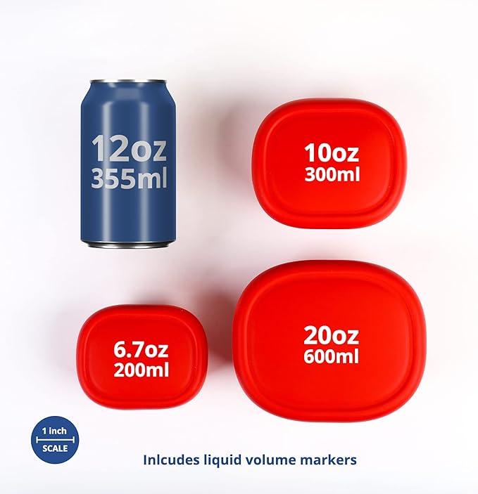 BLUE GINKGO Nesting Silicone Containers - Set of 3 Hard-Shell Silicone Food Storage Containers | BPA Free, Airtight, Dishwasher and Freezer Safe (6.7oz, 10oz, 20oz) - Red-CubbioJoy