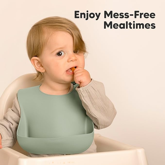 KeaBabies 2-Pack Silicone Baby Bibs for Eating - Sturdy Food-Grade Silicone Bibs for Babies Girl, Boy, Large Food Catcher, Clean & Put On Easily, Waterproof Toddler Feeding Essentials (Sage)-CubbioJoy