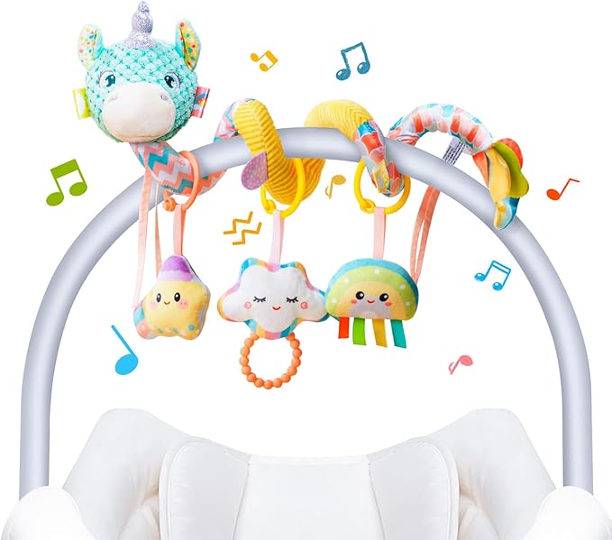 Car Seat Toys for Babies 0-6 Months, Hanging Spiral Stroller Toys, Infant Newborn Brain Development With Music Crinkle Teether Rattle for Baby Boy Girl 0-3-12 Months-CubbioJoy
