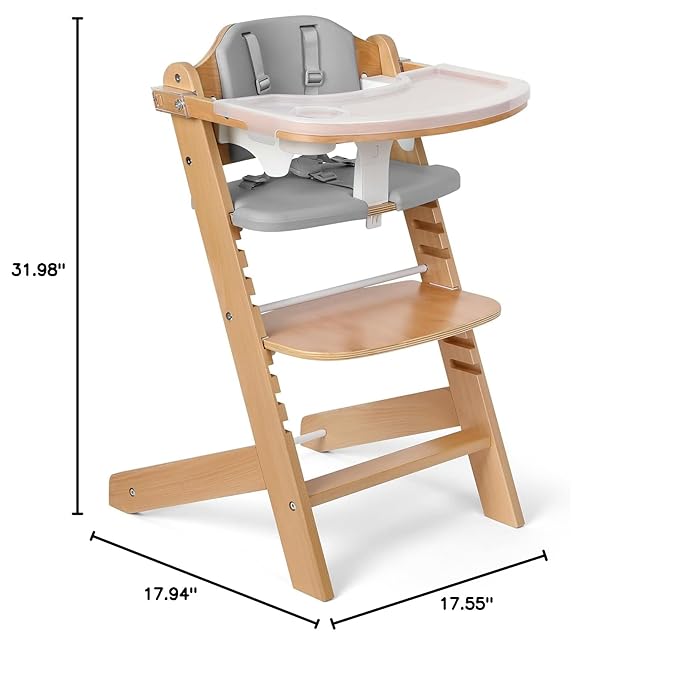 Cowiewie 3-in-1 Convertible Natural Wooden High Chair for Babies & Toddlers 3-Tier Remove & 2 Adjustable Wood Tray & 8 Levels Adjustable, 2 Waterproof Cozy Cushions Grey-CubbioJoy