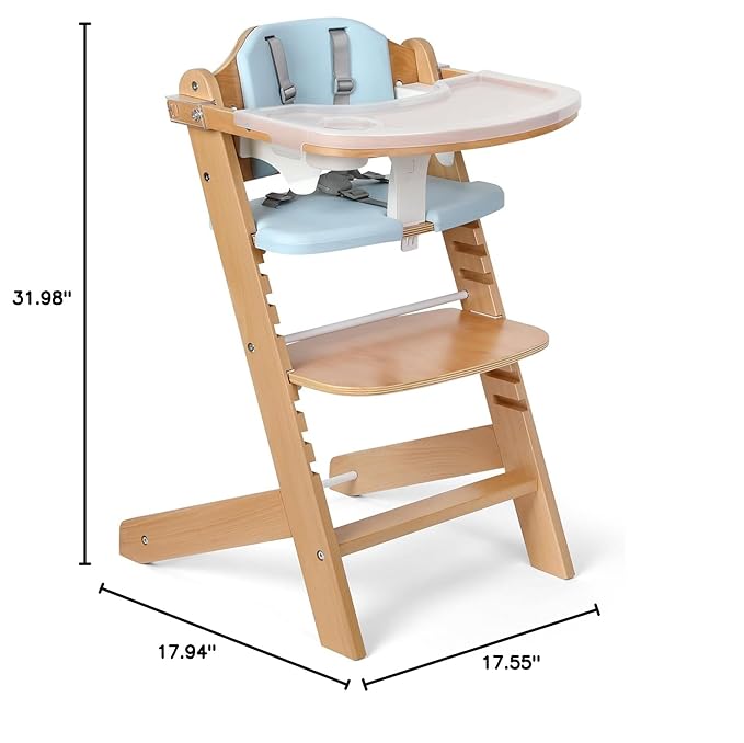 Cowiewie Natural Wooden High Chair for Babies & Toddlers 3-Tier Remove & Adjustable Tray, 8 Adjustable Highchair with Cushions, Portable (Blue)-CubbioJoy