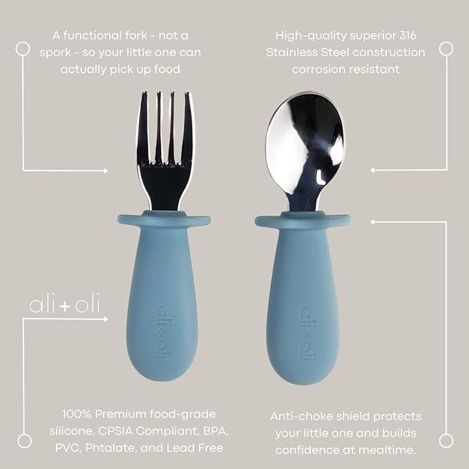 Ali+Oli Spoon & Fork Learning Set for Toddlers (Powder Blue) 6m+ Grab Easy BPA Free Food-Grade Silicone Handle, Kids Silverware Self Feeding Baby Utensil, Multi-stage Baby Feeding Set Ergonomic Design-CubbioJoy