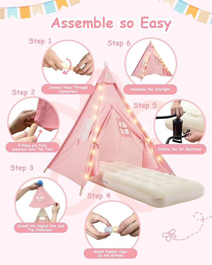 6 Pack Teepee Tent for Kids with Inflatable Airbed, Light, Toddler Tent Children Room Tents, Slumber Party Sleepover Tents, Indoor Outdoor Kids Playtent Playhouse for Girls & Boys-CubbioJoy