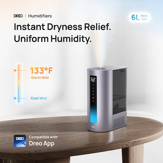 Dreo 6L Humidifiers for Bedroom, Smart Warm & Cool Mist for Large Room, 60Hr Quiet Runtime for Baby, Plant, Humidity Sensor, Indicator Light, 12H Timer, Google/Alexa, Purple-CubbioJoy