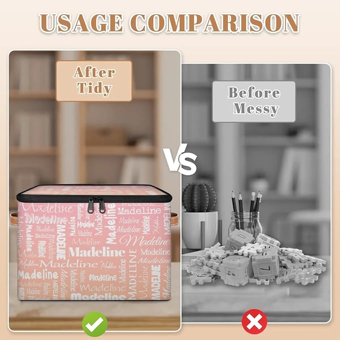 Custom Storage Basket with Name, Personalized Storage Bins with Zipper Lid, Foldable Fabric Storage Box Large capacity with Handle Pink Orange-CubbioJoy