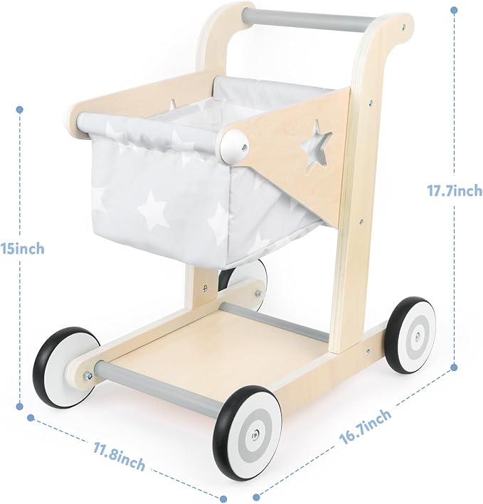 Asweets 2 in 1 Wooden Baby Walker Push and Pull Doll Stroller, Shopping Cart Learning Walker for Boys and Girls, Sit Stand Learning Toddler Toy (Grey)-CubbioJoy