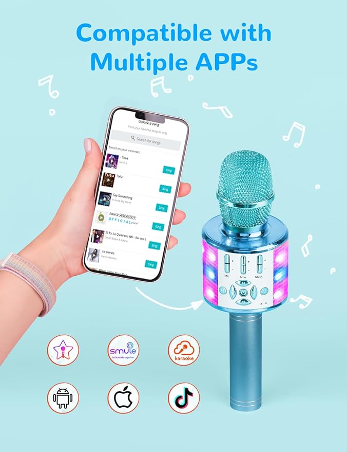 Amazmic Kids Karaoke Microphone Machine Toys for Girls Bluetooth Microphone with LED Light, Birthday Gift for Girls Boys 3 4 5 6 7 8 9 10 11 12 Year Old Kids Toys(Blue)-CubbioJoy