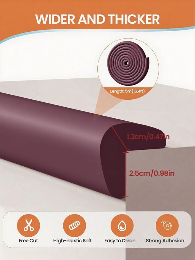 Baby Proof Edge Corner Protector, 16.4FT 0.47''Th L-Shape Furniture Corner & Edge Safety Bumpers with 10 Corners, Pre-Taped, Soft NBR Rubber Foam Desk Edge Cushion Wall Corner Protector (Brown)-CubbioJoy