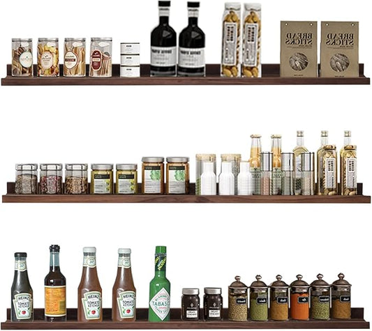 AZSKY Deep Walnut Floating Shelves Large Long Wall Storage Shelves Dark Walnut 48 Inch Wall Mount Hanging Picture Ledge Wall Decor for Bedroom Living Room Bathroom Kitchen Storage a Set of 3-CubbioJoy