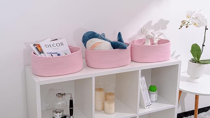 Cute Baskets for Shelf Storage Small Woven Basket to Store and Organize Daily Items/Durable Rope Basket for Living Room, Bedroom,Playroom/Oval-13x8.66x5.11’’,Stylish 3 Packs Pink-CubbioJoy