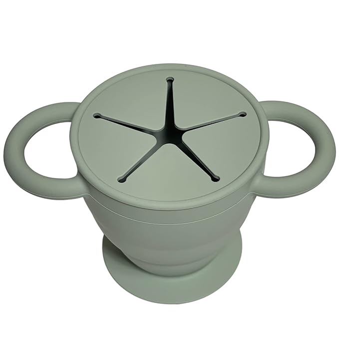 BraveJusticeKidsCo. | Snack Attack II Snack Cup | Collapsible Silicone Snack Container | Toddler and Baby Snack Catcher Lid (Desert Sage)-CubbioJoy