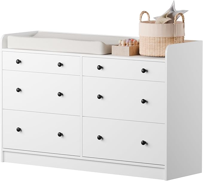 Cozy Castle Baby Dresser with 6 Drawers and Large Table Top, Multi-Functional Chest of Drawer, Drawer Dresser with Three-Sided High Rails for Nursery, Children's Room, Bedroom, White-CubbioJoy