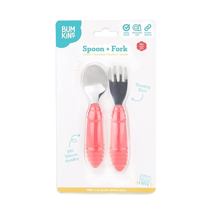 Bumkins Toddler Utensils, Kids Size Fork and Spoon Set, Silicone and Stainless-Steel Training Silverware, Angled Forks / Sporks for Self-Feeding, Children Hold Learning to Eat, 18 Months Up, Red-CubbioJoy