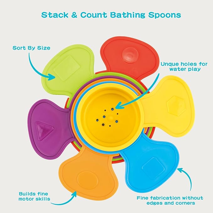Bath Toys, 14 PCS | Safe & Educational Stacking Cups and Spoons with Numbers | Mold Free & Easy Grip Bath Toys for Baby and Toddler | Bathtub Water Toys with Early Learning Color & Shape Recognition-CubbioJoy