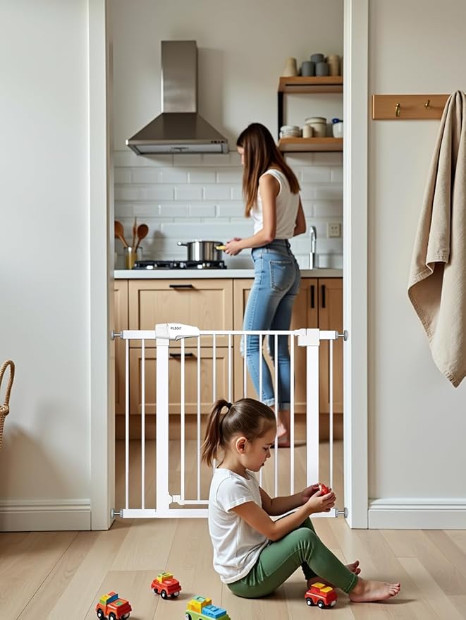 Baby Gate for Stairs, 29.5-40.5" Dog Gate for Doorways, Walk Thru Auto Close Metal Child Gate for The House, Stairs and Doorways, Pressure Mounted Pet Gate for Dog Indoor (White)-CubbioJoy