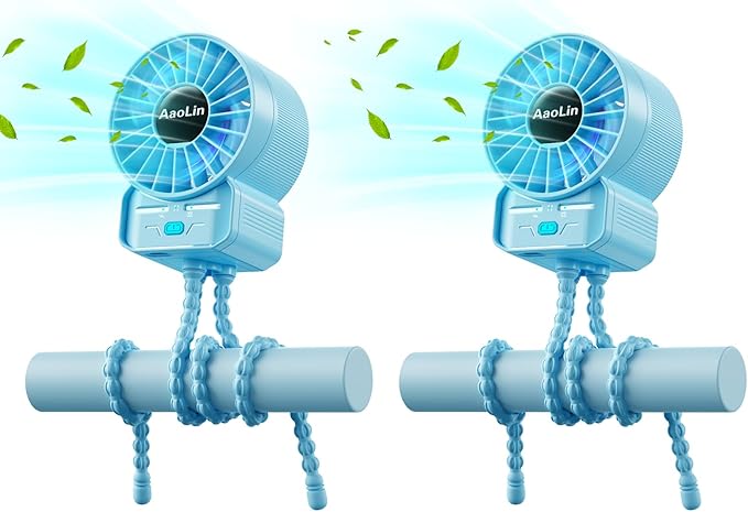 2 Pack Multifunctional Portable Stroller Fan 4 Speed 6600rpm High Speed Usb Rechargeable Personal Mini Handheld Fan Extended Tripod for Desktop Winding Kids Bed Treadmill Bike Golf Cart Outdoor Travel-CubbioJoy