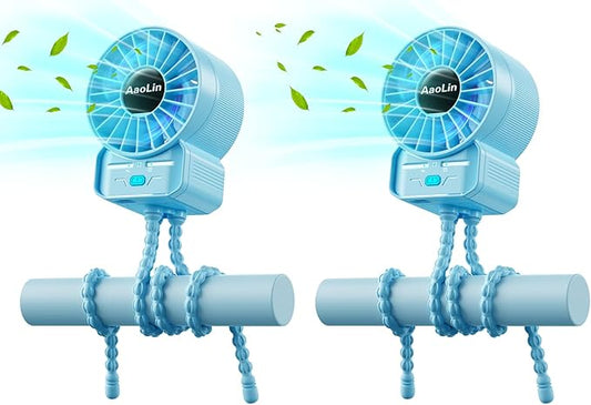 2 Pack Multifunctional Portable Stroller Fan 4 Speed 6600rpm High Speed Usb Rechargeable Personal Mini Handheld Fan Extended Tripod for Desktop Winding Kids Bed Treadmill Bike Golf Cart Outdoor Travel-CubbioJoy
