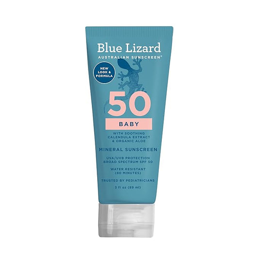 BLUE LIZARD Baby Mineral Sunscreen with Zinc Oxide, SPF 50+, Water Resistant, UVA/UVB Protection with Smart Cap Technology - Fragrance Free, 3 Ounce Tube-CubbioJoy