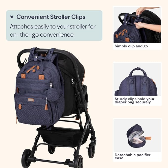 BabbleRoo Extra Large Diaper Bag Backpack, Expandable Baby Bag with Up to 50% More Capacity - Travel Essentials Baby Bag Tote with Changing Pad, Stroller Straps & Pacifier Case - Unisex, Denim Blue-CubbioJoy