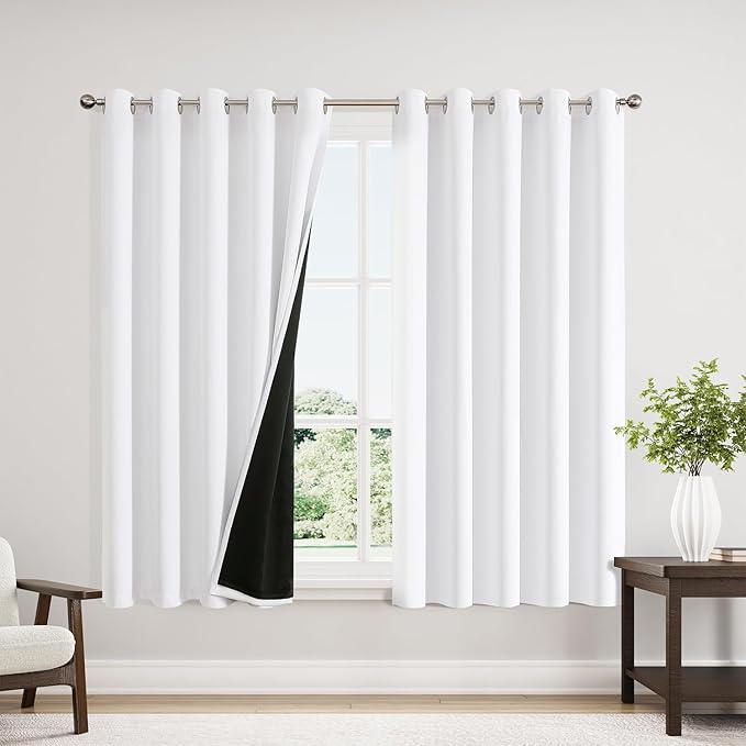 ChrisDowa 100% Blackout Curtains 63 inch Long for Bedroom with Black Liner, Extra Wide 2 Thick Layers Total Blackout Thermal Insulated Grommet Window Curtains 2 Panels Set (Pure White, 60 x 63 Inch)-CubbioJoy