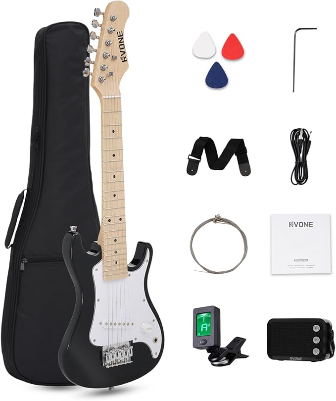 30 Inch Kids Electric Guitar Kit Beginner Complete Bundle with Smooth Fingerboard, Lightweight Design for Child, 5W Practice Amp, Gig Bag, Tuner, Strap, Cable, Picks, Extra Strings, RST-70 Black-CubbioJoy