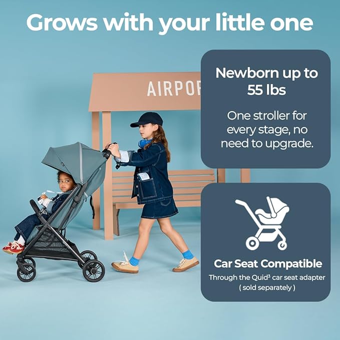 Inglesina Quid³ Stroller, Galaxy Gray - Compact Reclining Travel Stroller for Baby & Toddler 0-55 lbs, One Hand fold, Car seat Compatible, Airplane Overhead, Lightweight, Foldable, XL UPF 50+ Canopy-CubbioJoy
