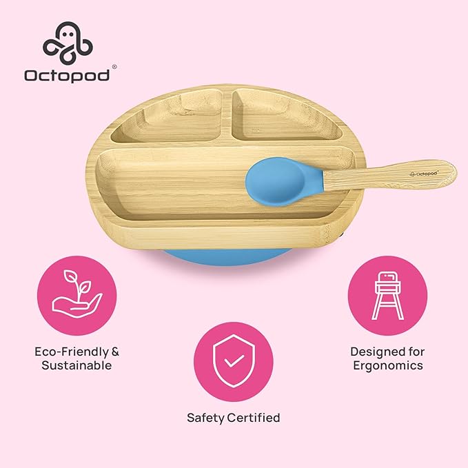 Abiie Octopod Bamboo Dish - Kids Plates for 4 months and up, 3-Compartment Baby Plates with Suction, Triangle Bamboo Baby Plate, Mess-Free Toddler Suction Plates, Baby Feeding Supplies, 8.3x1.9x7.7 in-CubbioJoy
