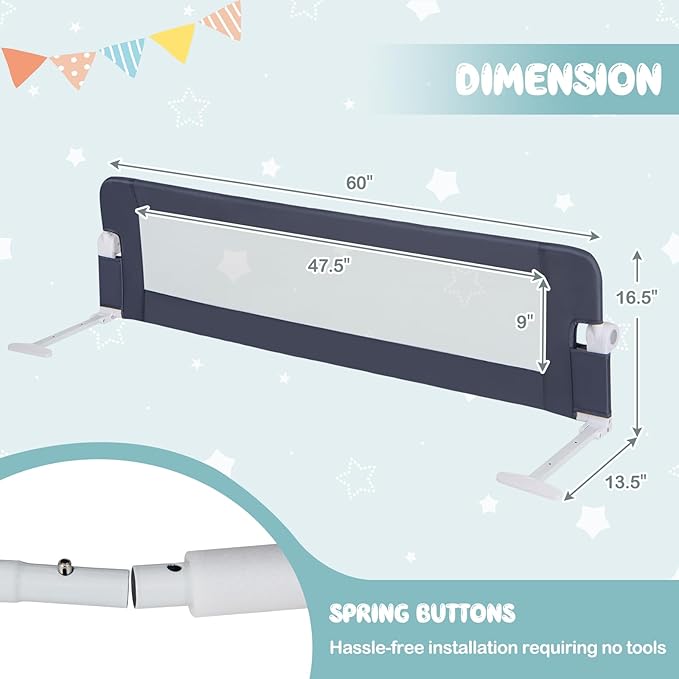 BABY JOY Double Sided Bed Rail Guard, 2 Pack, Extra Long, Swing Down for Convertible Crib, Folding Baby Safety Bedrail for Kids Twin Full Size Queen King Mattress, Rails for Toddlers (Dark Blue, 60")-CubbioJoy