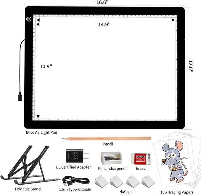 A3 LED Light Box for Tracing, elice Artist Drawing Lightbox Light Table Light Pad Light Copy Board, Up to 8000 Lux Super Bright Lightpad for Cricut Weeding Vinyl, Diamond Painting, Sketching (Black)-CubbioJoy