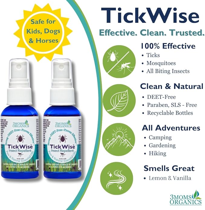 3 Moms Organics, TickWise 2oz Extra Strength Happy Campers 2-Pack - DEET- Free, Tick and Insect Repellent, Plant Based Essential Oils, All Natural Ingredients, Safe for Kids, Adults, Dogs & Horses-CubbioJoy