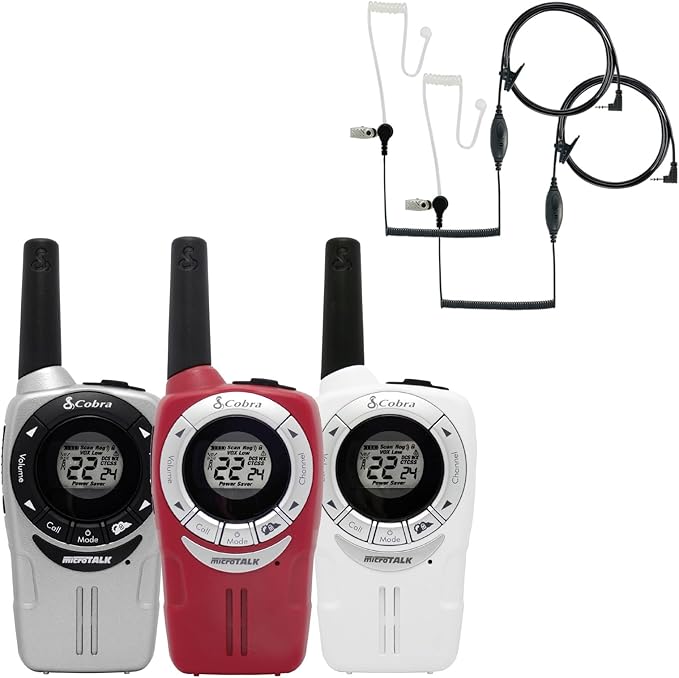 Cobra ACXT360 Water Resistant Walkie Talkies for Adults & Compatible Cobra Surveillance Headset: Rechargeable, 22 Channels, Long-Range, 3 Two-Way Radios, 2 Headsets, White, Silver and Red-CubbioJoy