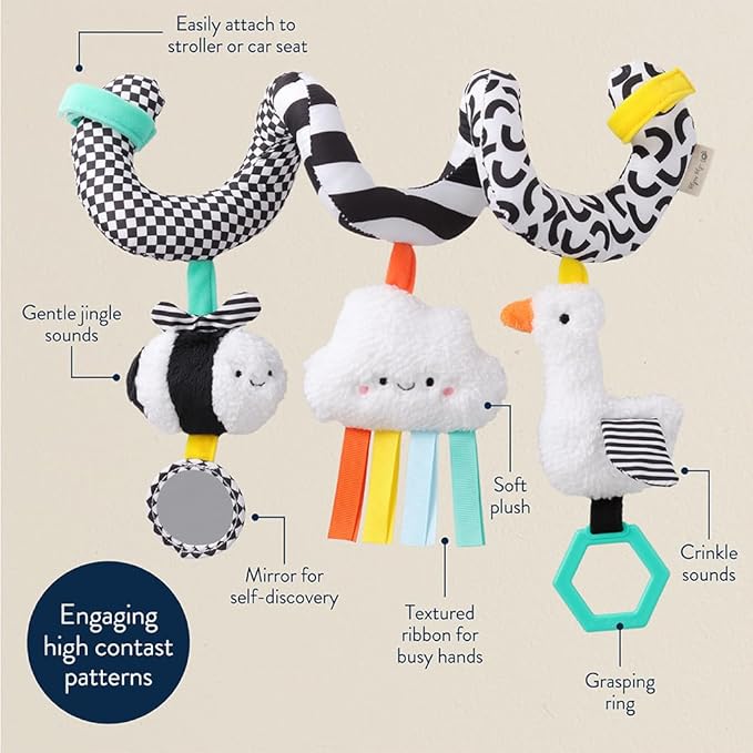 Itzy Ritzy Spiral Car Seat & Stroller Activity Toy - Stroller & Car Seat Toys for Ages 0 Months and Up - Hanging Toys Include Dangling Ring, Mirror and Textured Ribbons (High Contrast)-CubbioJoy