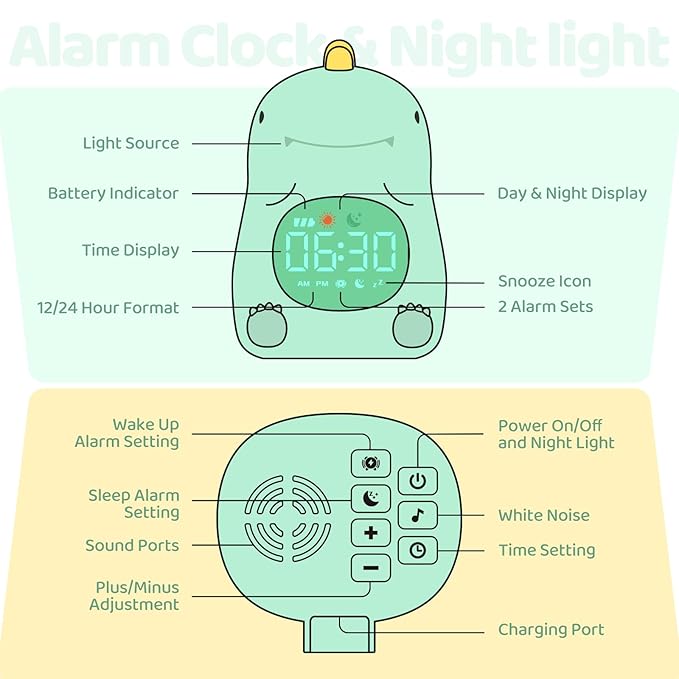 Dinosaurs Alarm Clock with Night Light for Kids with Sleep Training and Sound Machine, Rechargeable Silicone Lamp OK to Wake Clock，Cute Animal Tabletop Lamp, Perfect Sleep Companion for Boys Girls-CubbioJoy
