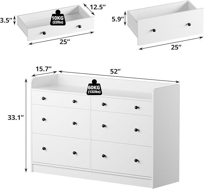 Cozy Castle Baby Dresser with 6 Drawers and Large Table Top, Multi-Functional Chest of Drawer, Drawer Dresser with Three-Sided High Rails for Nursery, Children's Room, Bedroom, White-CubbioJoy