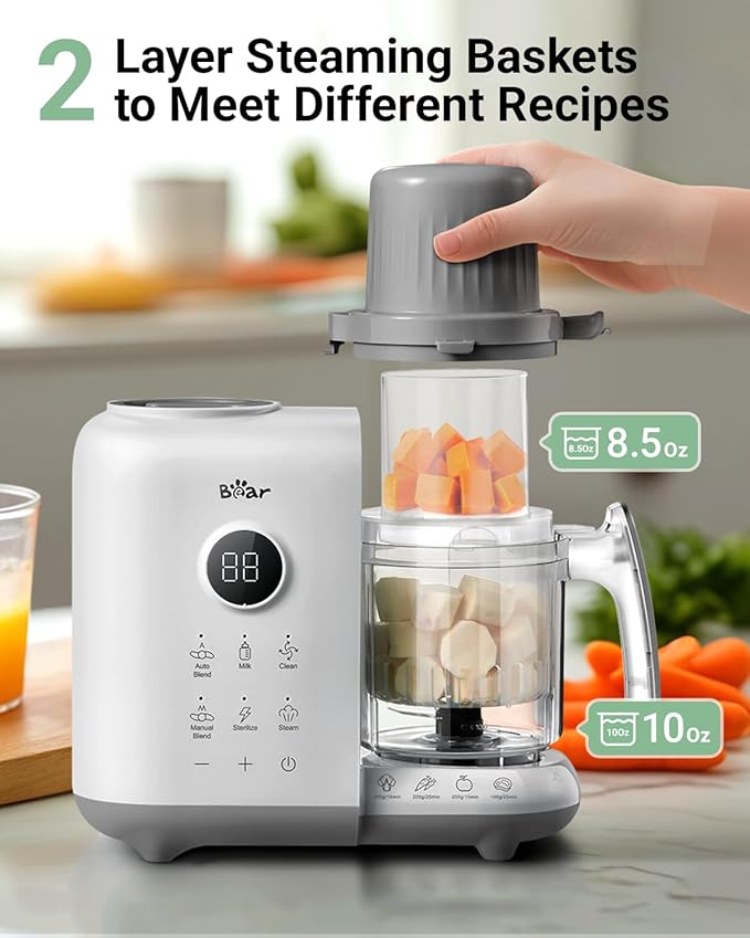 Bear Baby Food Maker with Two Layer Steam Baskets, Multifunction Baby Food Processor Steamer Puree Blender, Baby Food Mill with Bottle Warming Sterili-zing Auto Cleaning Function, BPA-Free, White-CubbioJoy