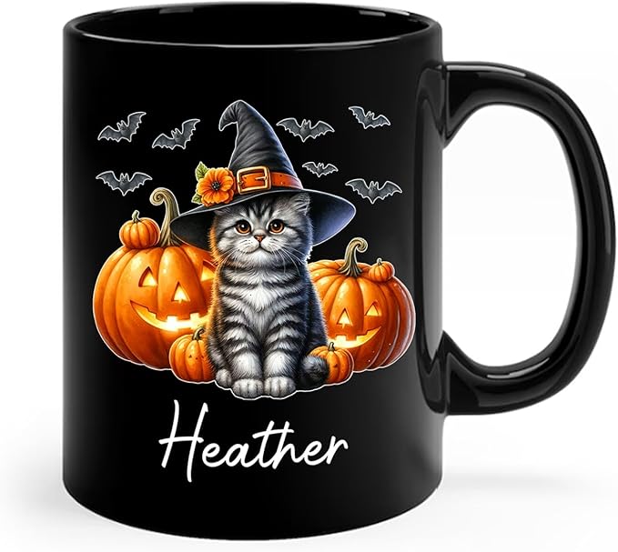 Customized American Shorthair Wearing Witch Hat Cup, Personalized Name American Shorthair Coffee Mugs, Cat with Pumpkins Ceramic Cups, Cat Halloween Black Mug 11oz 15oz, Gift for Halloween-CubbioJoy