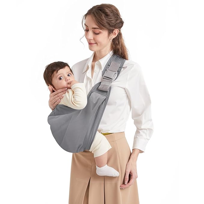 Baby Sling Carrier, Pure Cotton, Ergonomically Adjustable Baby Carrier Newborn to Toddler, Easy to Use, Portable, Ideal for 0-36 Months, Up to 33 lbs (Grey)-CubbioJoy
