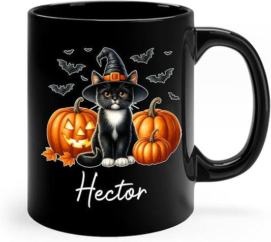 Custom Tuxedo Halloween Coffee Mugs with Name, Personalized Tuxedo with Pumpkins Ceramic Cups, Cat Wearing Witch Hat Black Mug, Cat Halloween Cup 11oz 15oz, Gift for Men Women Pet Lover-CubbioJoy