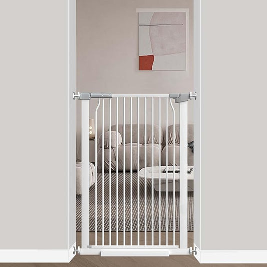 40.5" Extra Tall Baby Gate for Stairs No Drill, 29.6"-32.5" Narrow Wide Dog Gate Indoor, Pressure Mounted Safety Child Gate, Cat Doggie Pet Gate for House Doorways Walk Through, White-CubbioJoy