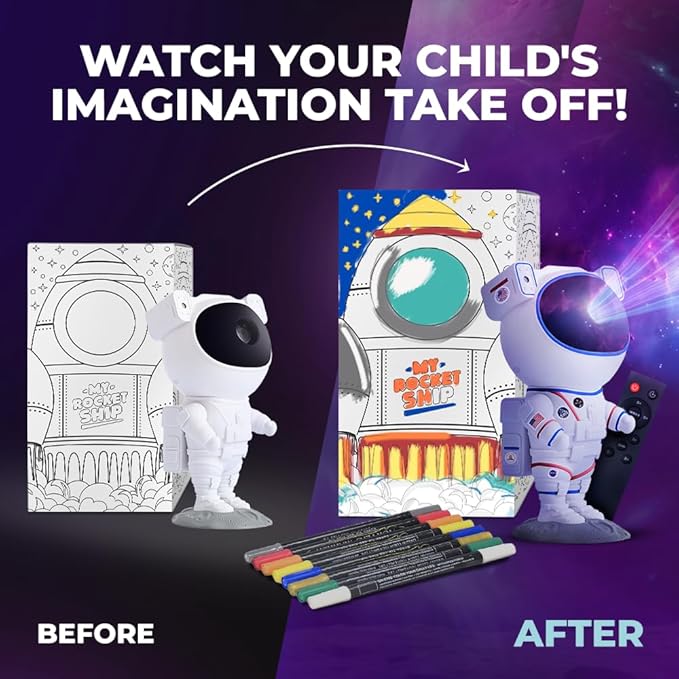 Color My Astronaut Galaxy Projector - DIY Spaceman Night Light with Acrylic Markers Kit & Space Stickers - Paint Your Own Lamp - Arts and Craft for Kids Ages 4-8 - Unique Gift for 5-10 Year Old Boys-CubbioJoy