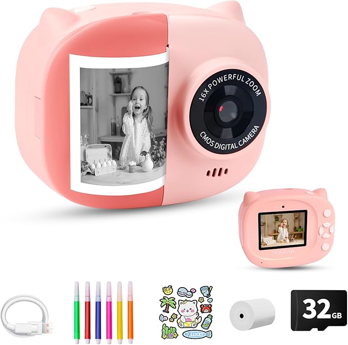 Instant Print Camera Toy for Kids, Girls Birthday Gifts for 3 4 5 6 7 8 Year Old Learning Music Story Player, 1080P HD Dual-Lens Creative Instant Camera (Pink)-CubbioJoy