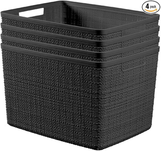 Curver Jute Large Decorative Plastic Organization and Storage Baskets, Perfect Bins for Home Office, Closet Shelves, Kitchen Pantry and All Bedroom Essentials, Pack of 4, Black-CubbioJoy
