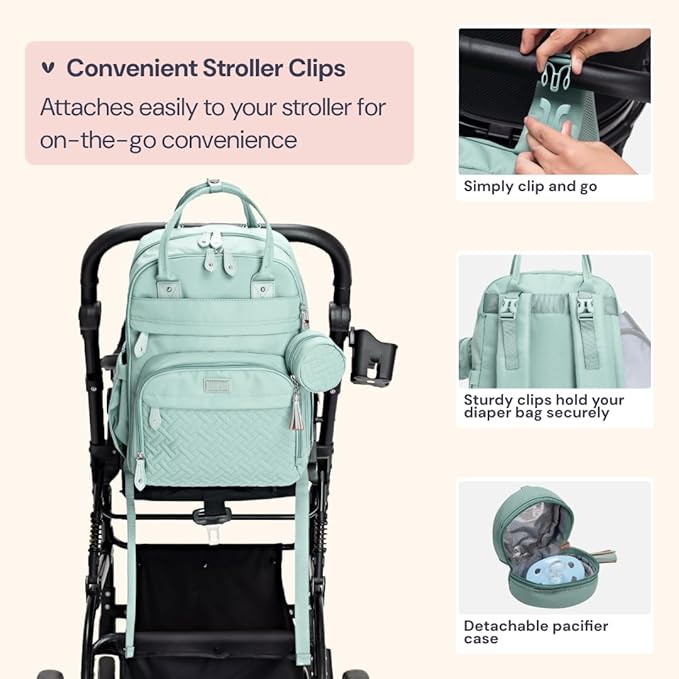 BabbleRoo Diaper Bag Backpack - Baby Essentials Travel Bag - Multi Function Waterproof Diaper Bag, Travel Essentials Baby Bag with Changing Pad, Stroller Straps & Pacifier Case – Unisex, Sage Green-CubbioJoy