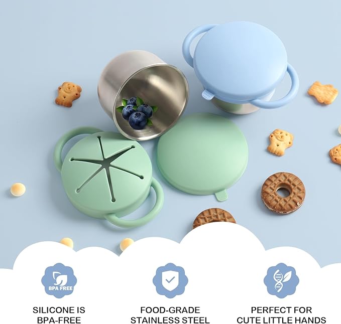 2 Pack Snack Cups for Toddlers Spill Proof - Detachable Stainless Steel Toddler Snack Cups with Silicone Lids & Handles - Dishwasher Safe Baby Snack Containers for Mess-Free Snacking (Blue and Green)-CubbioJoy