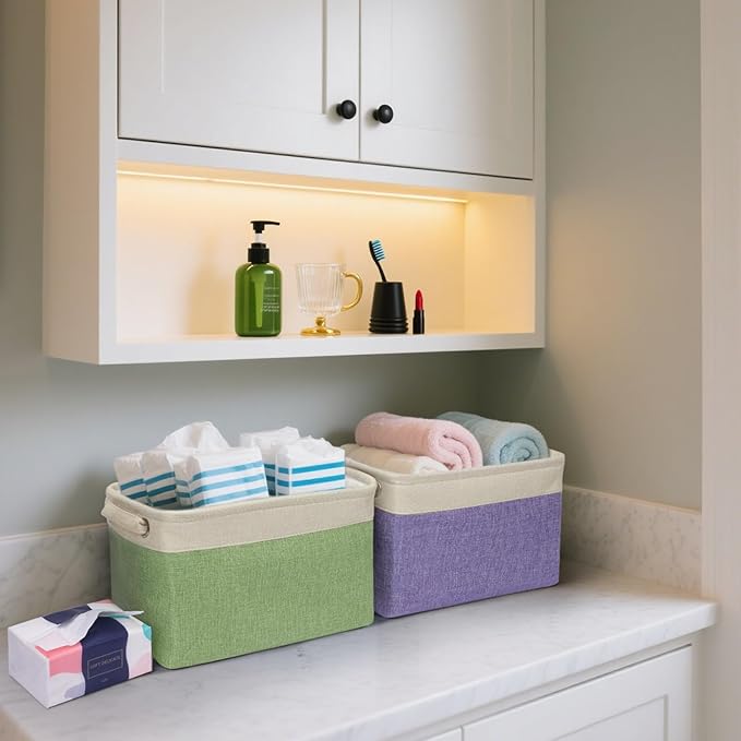 BALEINE 2 Pack Fabric Storage Bins for Shelves, Linen Storage Baskets for Organizing, Decorative Closet Bins for Clothes, Home (Skyblue, 12"x8"x8")-CubbioJoy