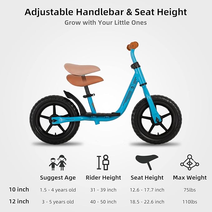 JOYSTAR 10"/12" Toddler Balance Bike for Girls & Boys, Ages 18 Months to 5 Years, Kids Push Bike with Footrest & Adjustable Seat Height, First Birthday Gifts for 2-5 Boys Girls-CubbioJoy