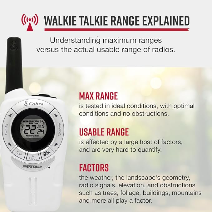 Cobra ACXT360 Water Resistant Walkie Talkies for Adults & Compatible Cobra Surveillance Headset: Rechargeable, 22 Channels, Long-Range, 3 Two-Way Radios, 2 Headsets, White, Silver and Red-CubbioJoy