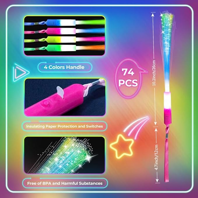 74 PCS Glow Fiber Wands Sticks, LED Light Wands, Glow in The Dark Party Supplies, Fiber Optic Wands, LED Flashing Sticks, Fiber Optic Light Wand Stick for Party, Wedding,Halloween and New Year-CubbioJoy